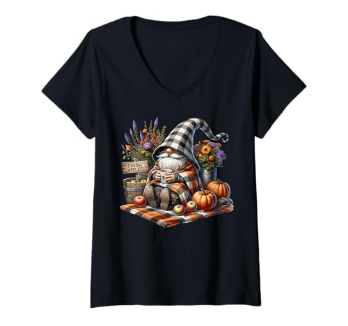 Damen Fall Coffee GNOME Dad In Orange Knitted Blanket for Autumn T-Shirt mit V-Ausschnitt Damen Fall Coffee GNOME Dad In Orange Knitted Blanket for Autumn T-Shirt mit V-Ausschnitt von Funny Gnomes And Fall Must Haves For Autumn Lover