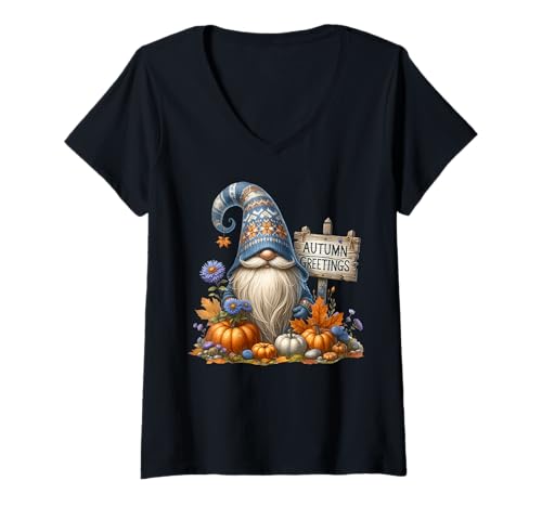 Damen Fall GNOME with Autumn Greetings Sign for Funny Gardener T-Shirt mit V-Ausschnitt Damen Fall GNOME with Autumn Greetings Sign for Funny Gardener T-Shirt mit V-Ausschnitt von Funny Gnomes And Fall Must Haves For Autumn Lover