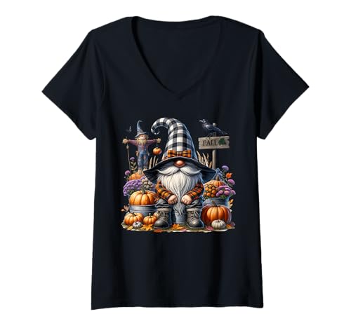 Damen Floral Autumn GNOME with Scarecrow Raven and Fall Pumpkins T-Shirt mit V-Ausschnitt Damen Floral Autumn GNOME with Scarecrow Raven and Fall Pumpkins T-Shirt mit V-Ausschnitt von Funny Gnomes And Fall Must Haves For Autumn Lover