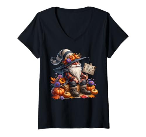 Damen Funny Autumn GNOME Graphic for Women Men and Kids Hello Fall T-Shirt mit V-Ausschnitt von Funny Gnomes And Fall Must Haves For Autumn Lover