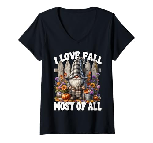 Damen I Love Fall Most of All Gardener Graphic with Autumn GNOME T-Shirt mit V-Ausschnitt Damen I Love Fall Most of All Gardener Graphic with Autumn GNOME T-Shirt mit V-Ausschnitt von Funny Gnomes And Fall Must Haves For Autumn Lover