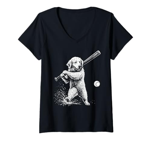 Damen Golden Retriever Baseball Sport Hundeliebhaber T-Shirt mit V-Ausschnitt von Funny Golden Baseball Player Dog Designs
