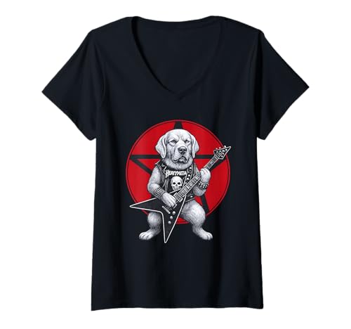 Damen Golden Retriever Heavy Metal-Gitarrenrock Hundeliebhaber T-Shirt mit V-Ausschnitt von Funny Golden Death Metal Music Dog Designs