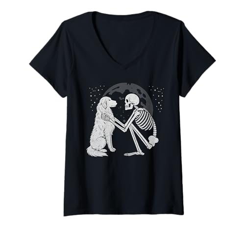Damen Golden Retriever Skelett Mond Halloween Hundeliebhaber T-Shirt mit V-Ausschnitt von Funny Golden Gothic Dog Designs