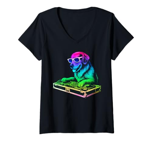 Damen Golden Retriever DJ Musik Party Hundeliebhaber T-Shirt mit V-Ausschnitt Damen Golden Retriever DJ Musik Party Hundeliebhaber T-Shirt mit V-Ausschnitt von Funny Golden House Music Dog Designs