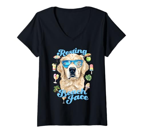Damen Lustiger Golden Retriever Hundemama Strand Aquarell Retro T-Shirt mit V-Ausschnitt Damen Lustiger Golden Retriever Hundemama Strand Aquarell Retro T-Shirt mit V-Ausschnitt von Funny Golden Retriever Beach Dogs Summer Designs