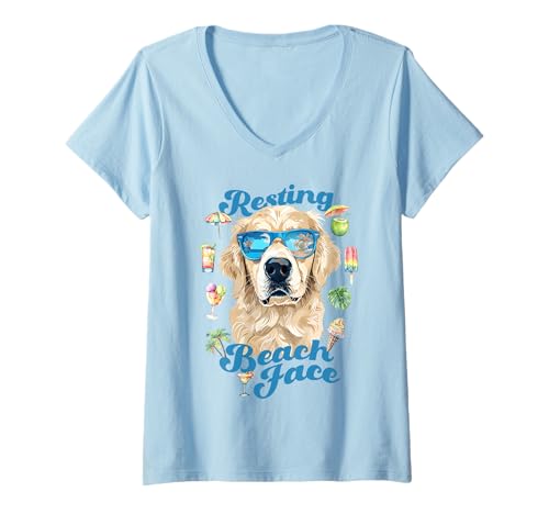 Damen Lustiger Golden Retriever Hundemama Strand Aquarell Retro T-Shirt mit V-Ausschnitt Damen Lustiger Golden Retriever Hundemama Strand Aquarell Retro T-Shirt mit V-Ausschnitt von Funny Golden Retriever Beach Dogs Summer Designs