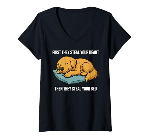 Damen Funny Golden Retriever Dog First They Steal Your Heart T-Shirt mit V-Ausschnitt Damen Funny Golden Retriever Dog First They Steal Your Heart T-Shirt mit V-Ausschnitt von Funny Golden Retriever Dog Quotes Apparel
