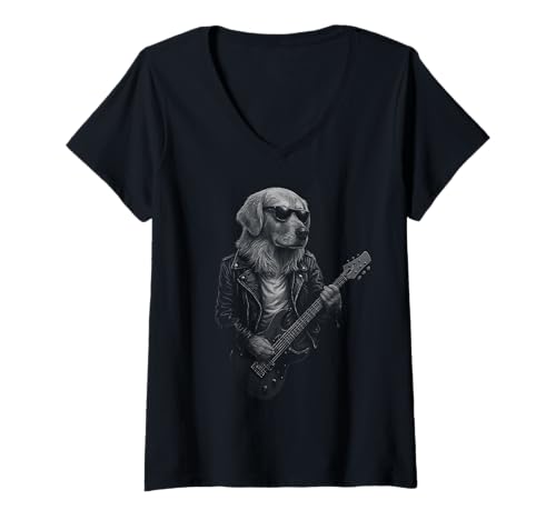 Damen Golden Retriever spielt Gitarre Rock Musik Hundeliebhaber T-Shirt mit V-Ausschnitt Damen Golden Retriever spielt Gitarre Rock Musik Hundeliebhaber T-Shirt mit V-Ausschnitt von Funny Golden Rock And Roll Dog Designs