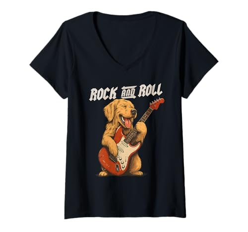 Damen Golden Retriever spielt Gitarre Rock and Roll Hundeliebhaber T-Shirt mit V-Ausschnitt Damen Golden Retriever spielt Gitarre Rock and Roll Hundeliebhaber T-Shirt mit V-Ausschnitt von Funny Golden Rock Music Dog Designs