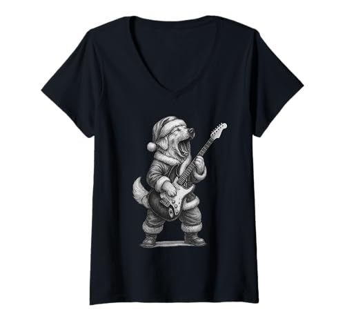 Damen Golden Retriever spielt Gitarre Weihnachten Hundeliebhaber T-Shirt mit V-Ausschnitt Damen Golden Retriever spielt Gitarre Weihnachten Hundeliebhaber T-Shirt mit V-Ausschnitt von Funny Golden Rock Music Dog Designs