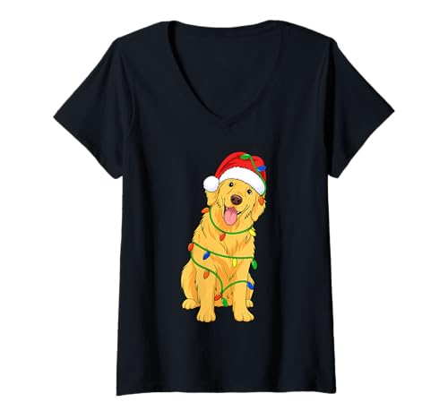 Damen Golden Retriever Weihnachtsbaum-Lichter für Hundeliebhaber T-Shirt mit V-Ausschnitt von Funny Golden Xmas Tree Dog Designs