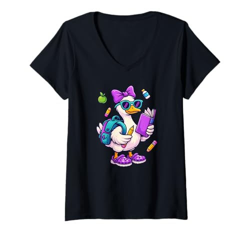 Damen Funny Goose Coquette Bow Back to School Teacher Girls T-Shirt mit V-Ausschnitt Damen Funny Goose Coquette Bow Back to School Teacher Girls T-Shirt mit V-Ausschnitt von Funny Goose First Day Of School