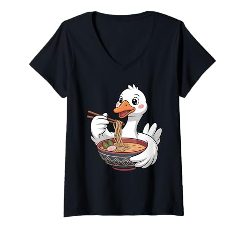 Damen Süße Gans Essen Ramen Japanische Kawaii Tier Nudeln T-Shirt mit V-Ausschnitt Damen Süße Gans Essen Ramen Japanische Kawaii Tier Nudeln T-Shirt mit V-Ausschnitt von Funny Goose Ramen Lover Apparel
