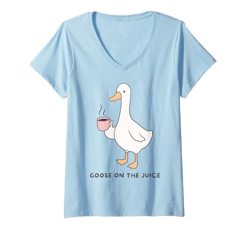 Damen Dumme Gans auf dem Saft, Kaffee trinkt, süßer Gänse-Karikatur T-Shirt mit V-Ausschnitt Damen Dumme Gans auf dem Saft, Kaffee trinkt, süßer Gänse-Karikatur T-Shirt mit V-Ausschnitt von Funny Goose Saying from Silly Goose Moms Women