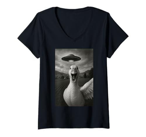 Damen Lustiges Gans-Selfie mit Alien-UFO für Jungen, Männer, Frauen, Kinder T-Shirt mit V-Ausschnitt Damen Lustiges Gans-Selfie mit Alien-UFO für Jungen, Männer, Frauen, Kinder T-Shirt mit V-Ausschnitt von Funny Goose Selfie Graphic Tees Apparel