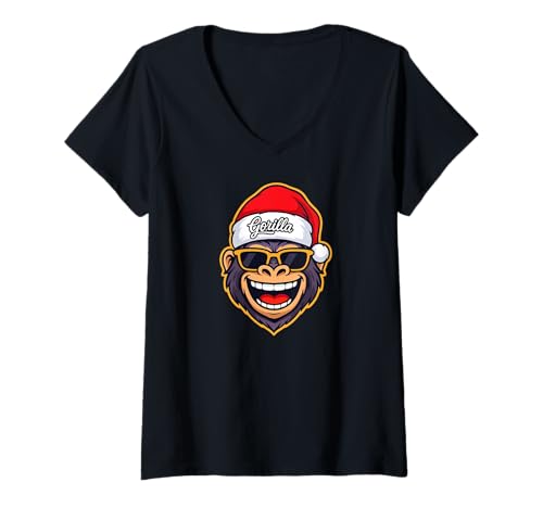 Damen Funny Gorilla Christmas Santa Hat Sunglasses Holiday Xmas T-Shirt mit V-Ausschnitt von Funny Gorilla Christmas Store