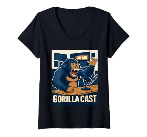 Damen Gorilla Podcast on Air Studio Funny Podcaster T-Shirt mit V-Ausschnitt Damen Gorilla Podcast on Air Studio Funny Podcaster T-Shirt mit V-Ausschnitt von Funny Gorilla Gift idea For Women, Men and Kids