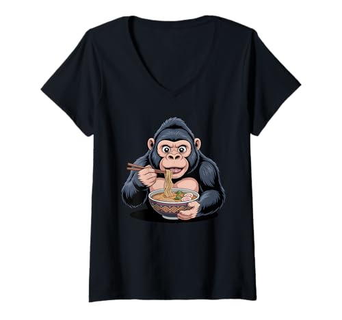 Damen Süße Gorilla isst Ramen Japanische Kawaii Tiernudeln T-Shirt mit V-Ausschnitt von Funny Gorilla Ramen Lover Apparel