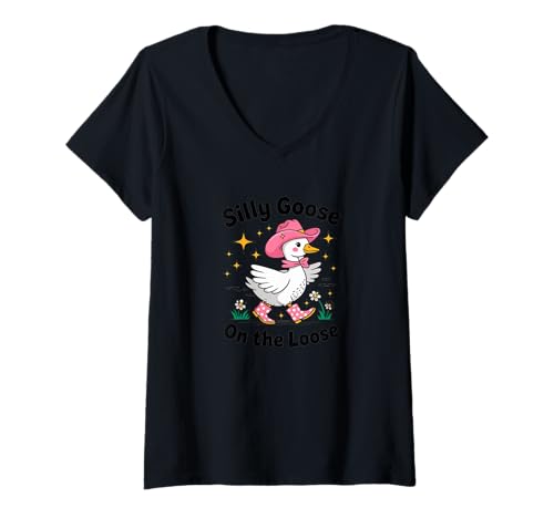 Damen Dumme Gans Auf der Loose - Gans - Lustiges Gänschen T-Shirt mit V-Ausschnitt Damen Dumme Gans Auf der Loose - Gans - Lustiges Gänschen T-Shirt mit V-Ausschnitt von Funny Gosling - Silly Goose On the Loose