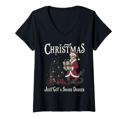 Damen Gothic Academia Weihnachten Skelett Santa Gothmas Stil T-Shirt mit V-Ausschnitt Damen Gothic Academia Weihnachten Skelett Santa Gothmas Stil T-Shirt mit V-Ausschnitt von Funny Gothic Holidays