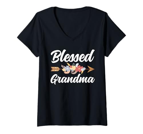 Damen Blessed Grandma Blumendekor Großmutter Muttertag Damen T-Shirt mit V-Ausschnitt von Funny Grandmother Grandparent Grandmom Gifts
