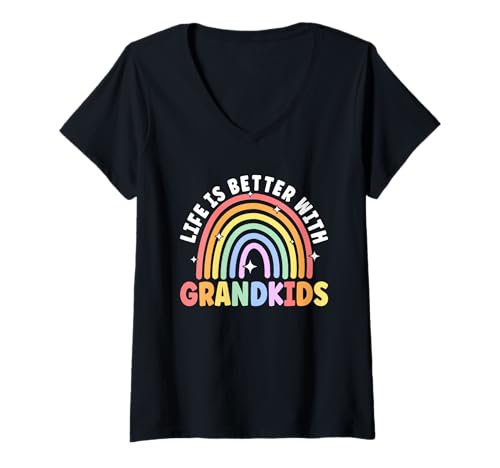 Damen Das Leben ist Besser mit Enkelkindern, Regenbogen, Großmutter, Großmutter T-Shirt mit V-Ausschnitt von Funny Grandmother Grandparent Grandmom Gifts