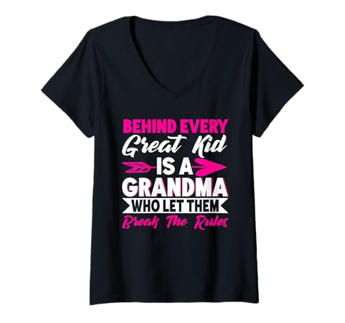 Damen Hinter jedem großen Kind Steht eine Oma, die sie Regeln brechen lässt T-Shirt mit V-Ausschnitt von Funny Grandmother Grandparent Grandmom Gifts
