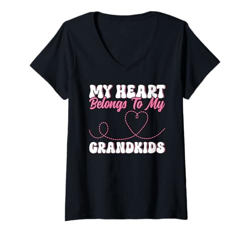 Damen Mein Herz gehört dem Muttertag meiner Enkelkinder, Großmutter T-Shirt mit V-Ausschnitt von Funny Grandmother Grandparent Grandmom Gifts