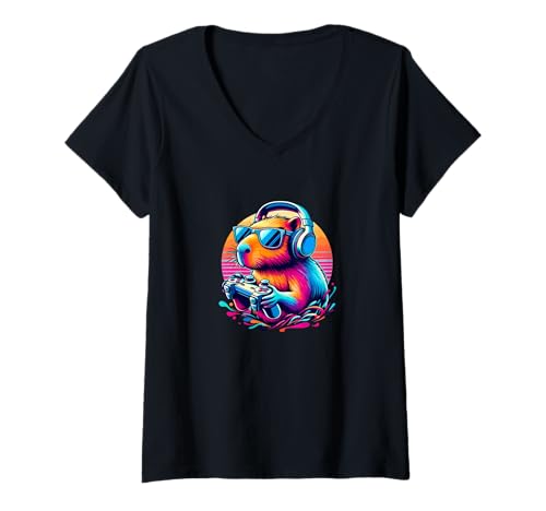 Damen Lustige Capybara Videospiele Capybara T-Shirt mit V-Ausschnitt Damen Lustige Capybara Videospiele Capybara T-Shirt mit V-Ausschnitt von Funny Graphic Design Capybara Gamers Tshirts