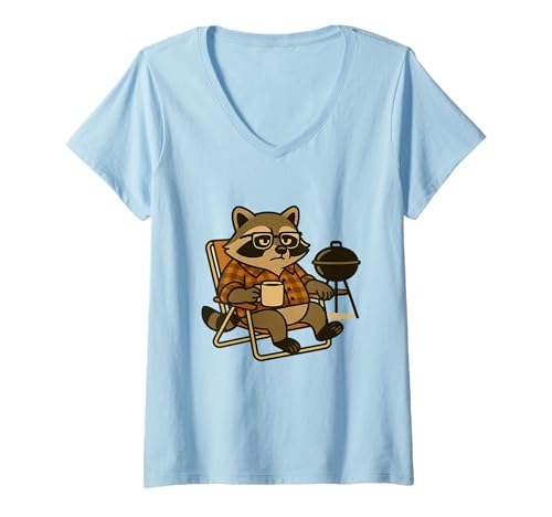 Damen Waschbär Papa Lustiger Kaffeeliebhaber Cool Entspannt Waschbär Papa Mama T-Shirt mit V-Ausschnitt von Funny Graphic Raccoon Lovers Coffee Addicts Father