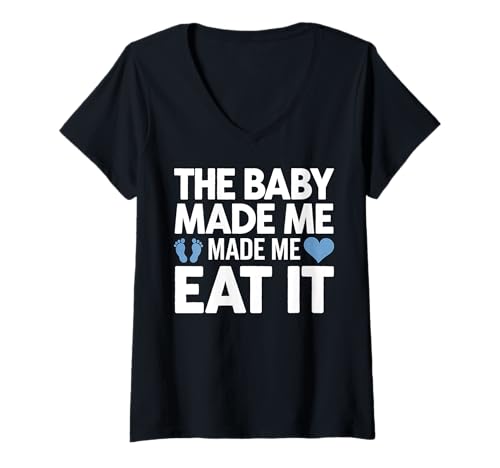 Damen Baby Made Me Eat It Schwangerschaftsankündigung Geschlecht Enthüllung T-Shirt mit V-Ausschnitt von Funny Graphic Tees For Women and Men
