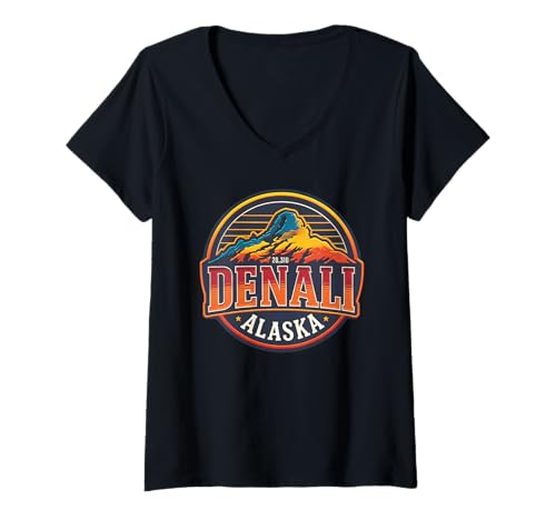 Damen Denali National Park AK Wandern Bergsteigen Souvenir T-Shirt mit V-Ausschnitt von Funny Graphic Tees For Women and Men