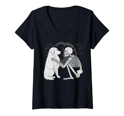 Damen Great Pyrenees Skelett Mond Halloween Hundeliebhaber T-Shirt mit V-Ausschnitt von Funny Great Pyrenees Gothic Dog Designs