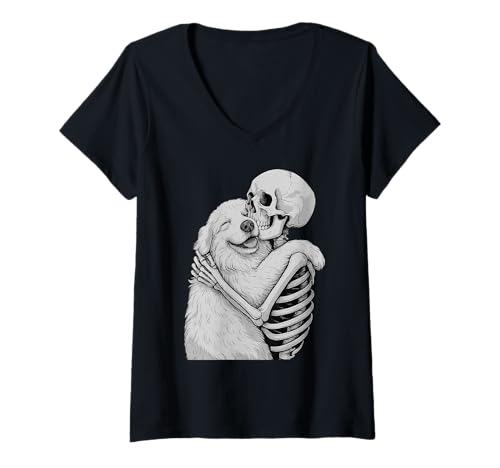 Damen Great Pyrenees Skelett Umarmung Halloween Hundeliebhaber T-Shirt mit V-Ausschnitt von Funny Great Pyrenees Gothic Dog Designs