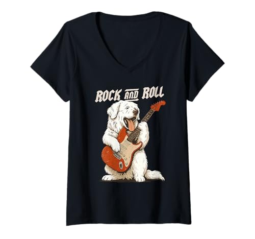 Damen Große Pyrenäen Spielen Gitarre Rock and Roll Dog Lover T-Shirt mit V-Ausschnitt Damen Große Pyrenäen Spielen Gitarre Rock and Roll Dog Lover T-Shirt mit V-Ausschnitt von Funny Great Pyrenees Rock Music Dog Designs