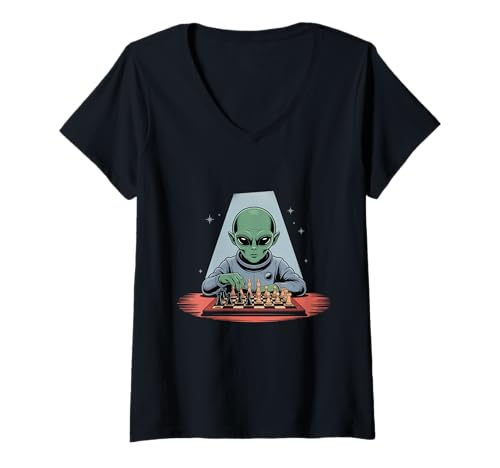 Damen Lustiger Alien spielt Schach Cool Space Alien Funny Alien Memes T-Shirt mit V-Ausschnitt Damen Lustiger Alien spielt Schach Cool Space Alien Funny Alien Memes T-Shirt mit V-Ausschnitt von Funny Green Alien Playing Chess Shirt Aliens Shirt