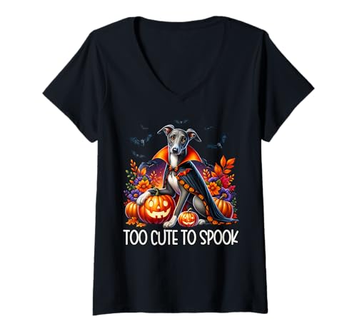 Damen Dog Vampire Halloween Greyhound is Too Cute to Spook T-Shirt mit V-Ausschnitt Damen Dog Vampire Halloween Greyhound is Too Cute to Spook T-Shirt mit V-Ausschnitt von Funny Greyhound Themed Gifts For Halloween Lovers