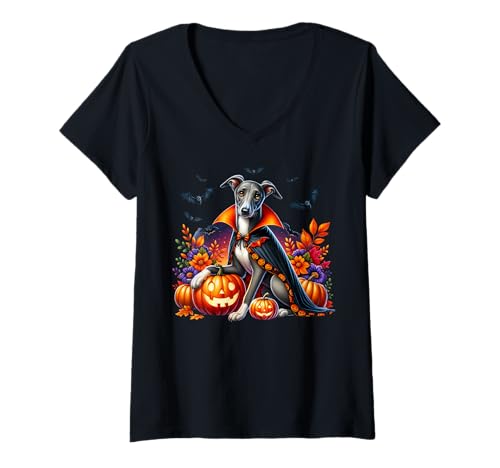 Damen Halloween Dog Women Pumpkins Italian Greyhound Dog Vampire T-Shirt mit V-Ausschnitt Damen Halloween Dog Women Pumpkins Italian Greyhound Dog Vampire T-Shirt mit V-Ausschnitt von Funny Greyhound Themed Gifts For Halloween Lovers