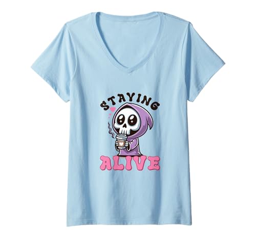 Damen Lustiges Sensenmann Halloween Shirt Cute Skull Staying Alive T-Shirt mit V-Ausschnitt Damen Lustiges Sensenmann Halloween Shirt Cute Skull Staying Alive T-Shirt mit V-Ausschnitt von Funny Grim Reaper Halloween Tee Shirts for Women