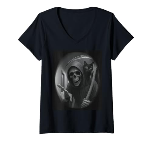 Damen Funny Grim Reaper Cat Dark Humor Halloween Graphic Men T-Shirt mit V-Ausschnitt Damen Funny Grim Reaper Cat Dark Humor Halloween Graphic Men T-Shirt mit V-Ausschnitt von Funny Grim Reaper Knocking Doorbell Selfie