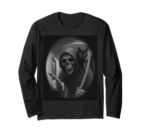 Funny Grim Reaper Cat Dark Humor Halloween Graphic Men Langarmshirt von Funny Grim Reaper Knocking Doorbell Selfie