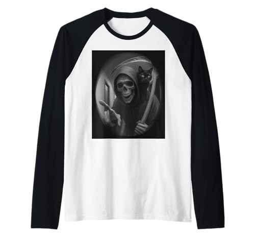 Funny Grim Reaper Cat Dark Humor Halloween Graphic Men Raglan von Funny Grim Reaper Knocking Doorbell Selfie