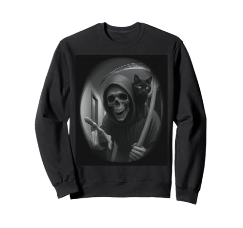 Funny Grim Reaper Cat Dark Humor Halloween Graphic Men Sweatshirt von Funny Grim Reaper Knocking Doorbell Selfie