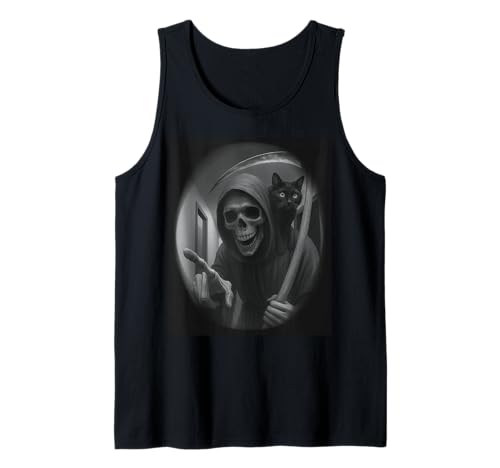 Funny Grim Reaper Cat Dark Humor Halloween Graphic Men Tank Top von Funny Grim Reaper Knocking Doorbell Selfie