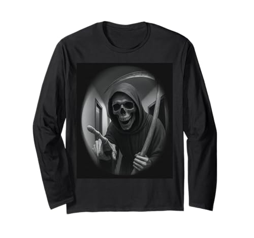 Funny Grim Reaper Doorbell Dark Humor Halloween Graphic Men Langarmshirt von Funny Grim Reaper Knocking Doorbell Selfie