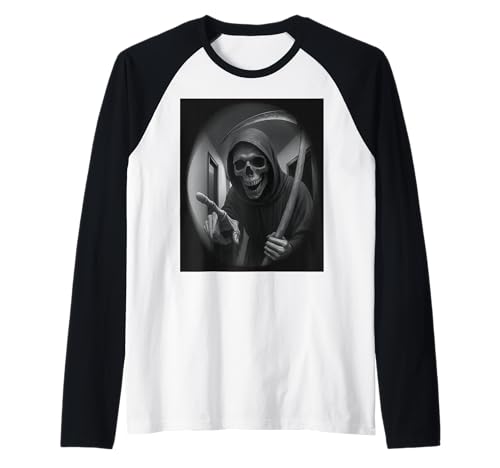 Funny Grim Reaper Doorbell Dark Humor Halloween Graphic Men Raglan von Funny Grim Reaper Knocking Doorbell Selfie