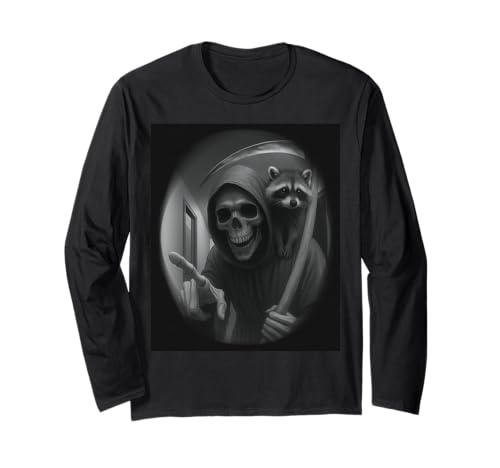 Funny Grim Reaper Raccoon Dark Humor Halloween Graphic Men Langarmshirt von Funny Grim Reaper Knocking Doorbell Selfie