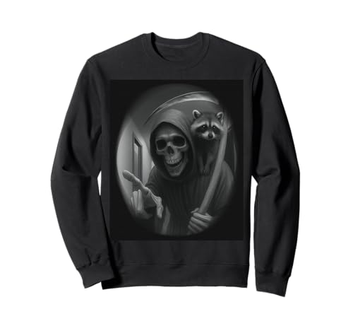 Funny Grim Reaper Raccoon Dark Humor Halloween Graphic Men Sweatshirt von Funny Grim Reaper Knocking Doorbell Selfie