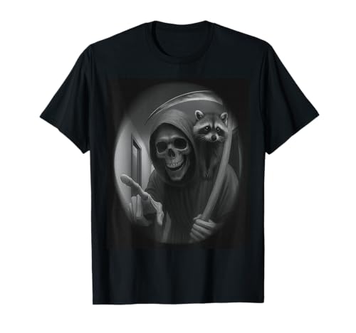 Funny Grim Reaper Raccoon Dark Humor Halloween Graphic Men T-Shirt von Funny Grim Reaper Knocking Doorbell Selfie